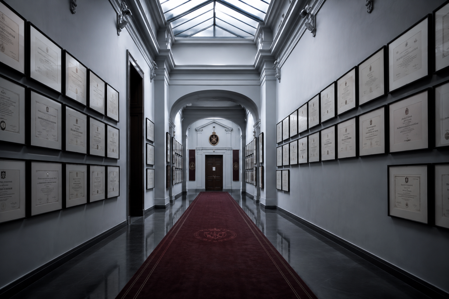 Pasillo de la sede de Aula Hostelium en Sevilla, con diplomas enmarcados